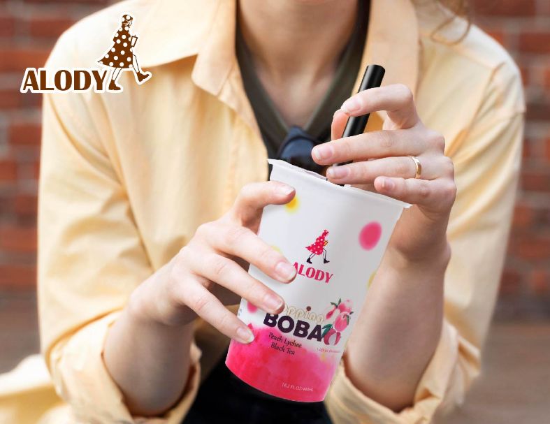 Lychee Peach black tea w/ Popping Boba/ cup 5